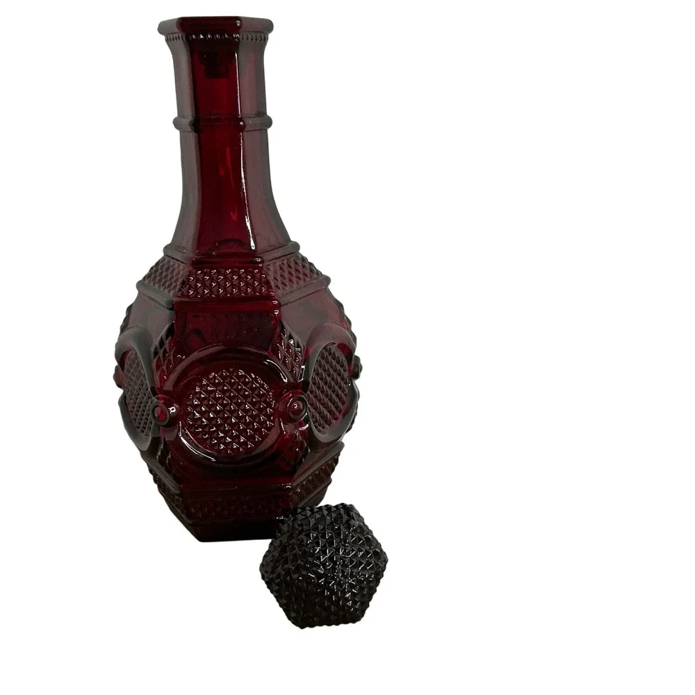 Avon 1876 Cape Cod Ruby Red Glass Vase and Decanter with Stopper Set 2pc Vintage
